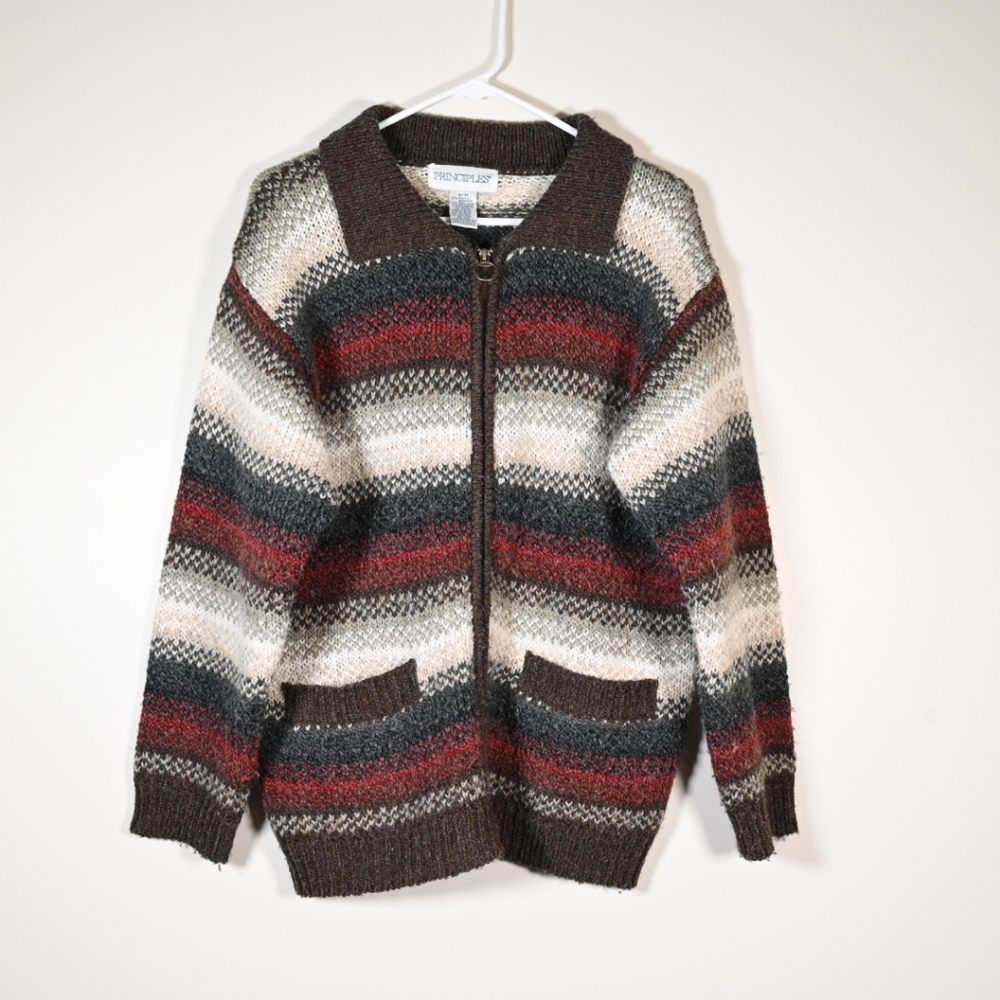 Principles Vintage Zip-up Sweater Cardigan M Red Grey Cream